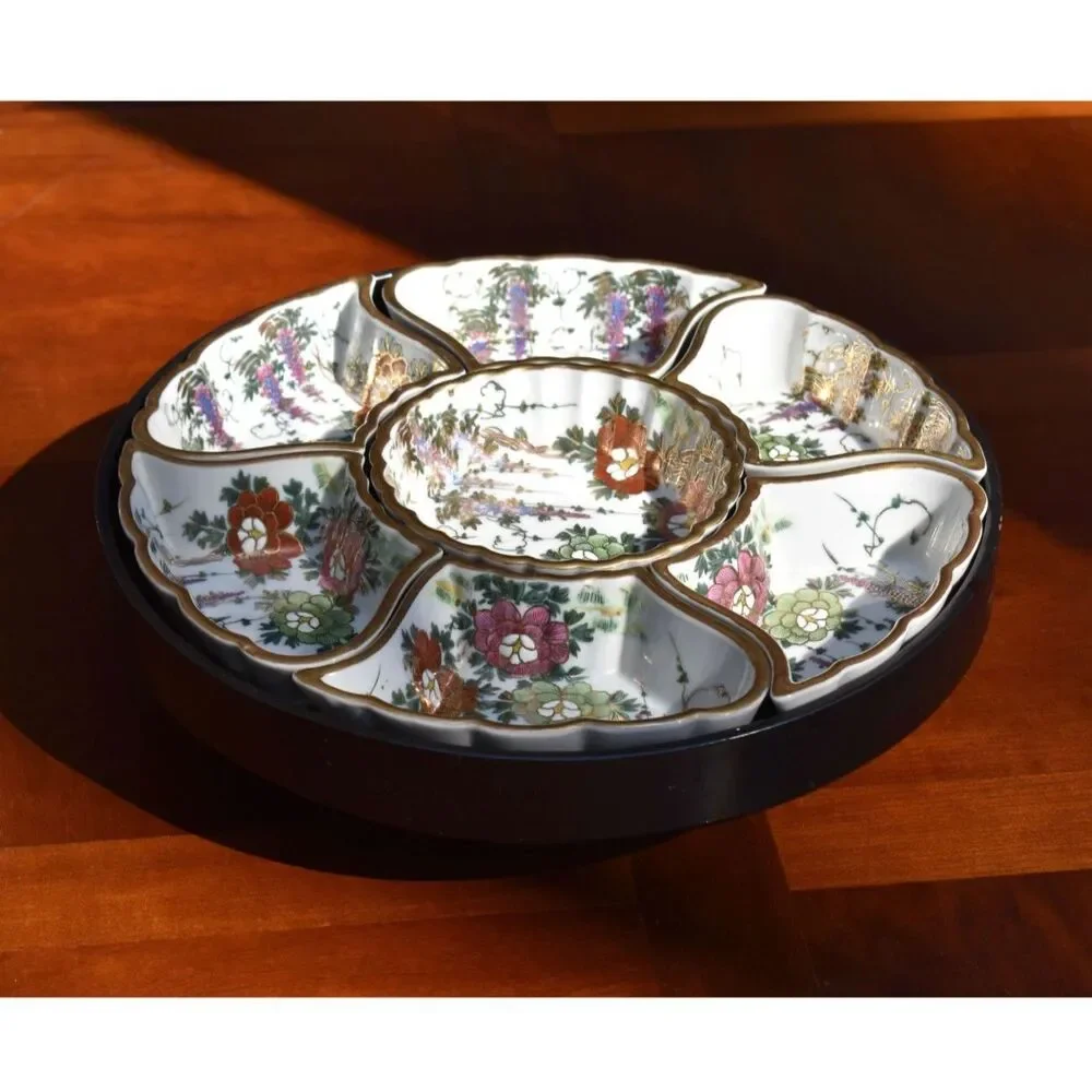 Vintage Japanese 8 Piece Hand-Painted Kutani Floral Lazy Susan Lacquer Base
